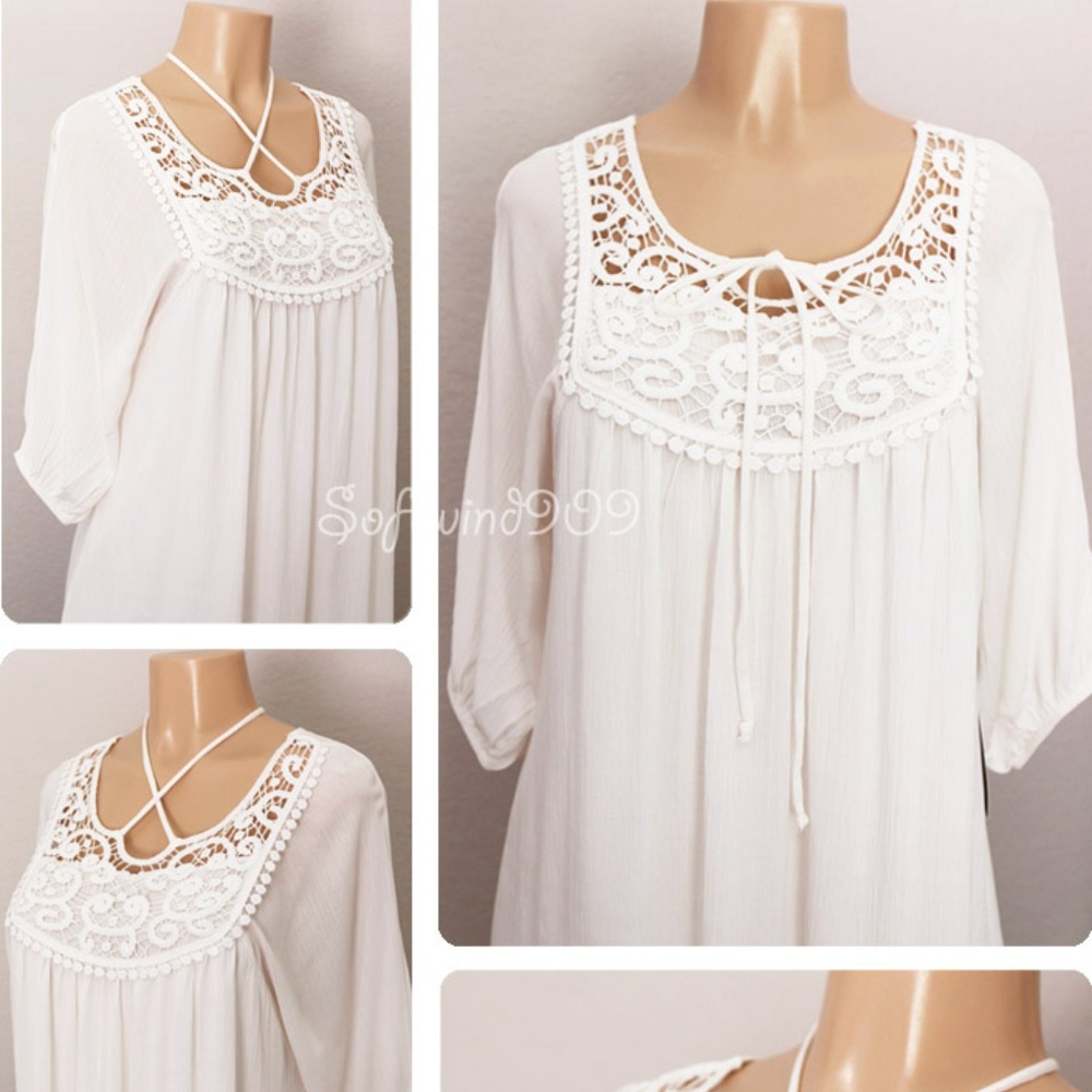 Last☝️ Ivory Crochet Lace Gauzy BOHO Peasant Dress - Picture 3 of 8